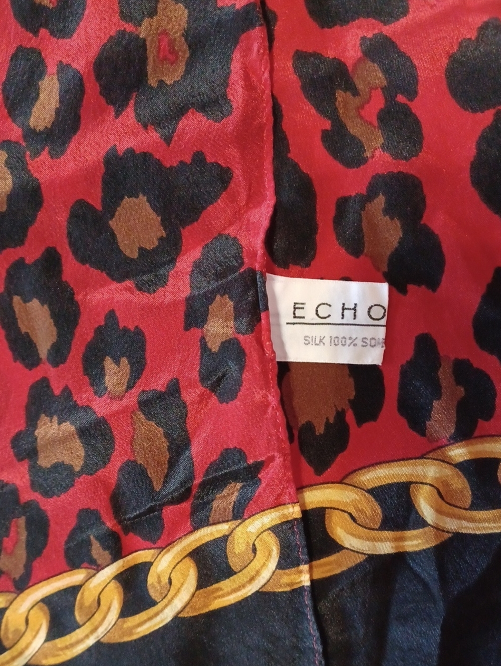 Echo Vintage Silk Oblong Scarf 50×10 Red Black Leapord Animal Print Gold Chain - Picture 2 of 11